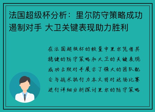 法国超级杯分析：里尔防守策略成功遏制对手 大卫关键表现助力胜利