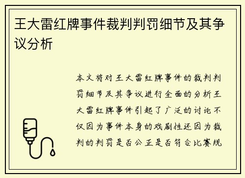 王大雷红牌事件裁判判罚细节及其争议分析 王大雷红牌事件裁判判罚细节及其争议分析